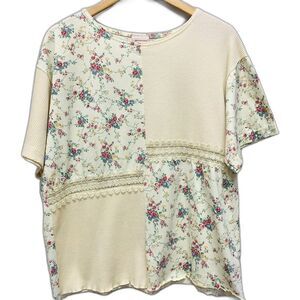 Vintage Womens Top Floral Lace Trim Oversized Mixed Media Large Made in USA